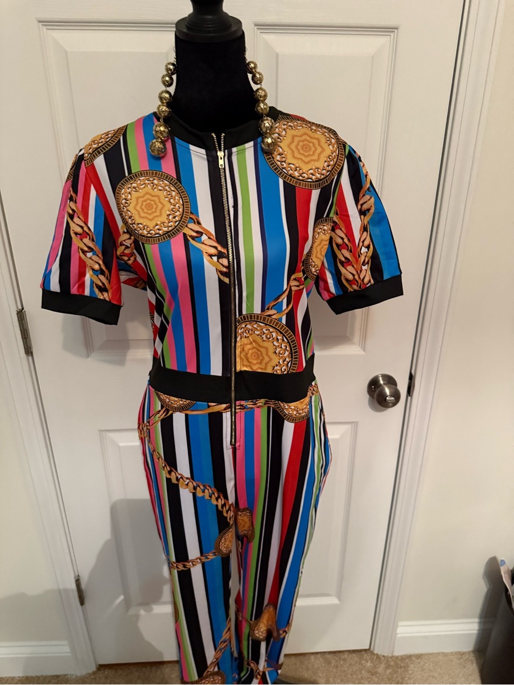Source Unknown Multicolor Striped Jumpsuit with Gold Chain Motif